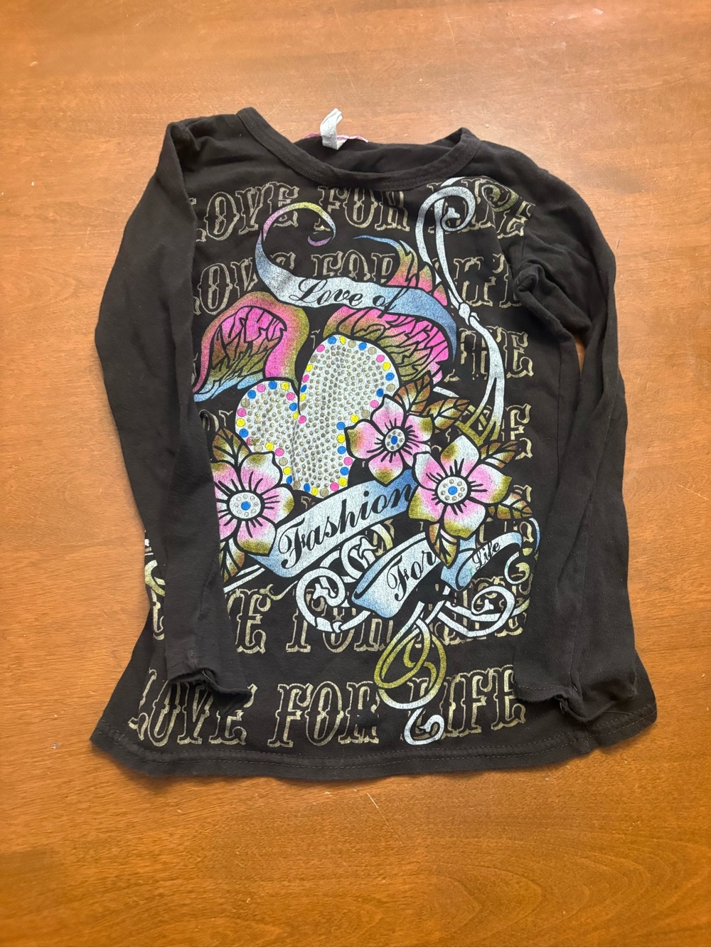 Dreamgirl Black Long-Sleeve Graphic Tee with Multicolor Heart & Floral Design